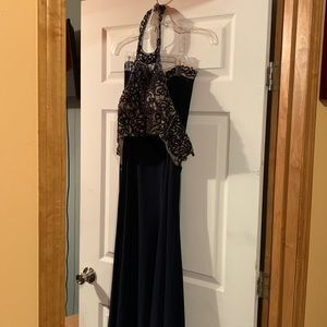 Navy with beige under top and around waist of bottom. 2 piece dress
